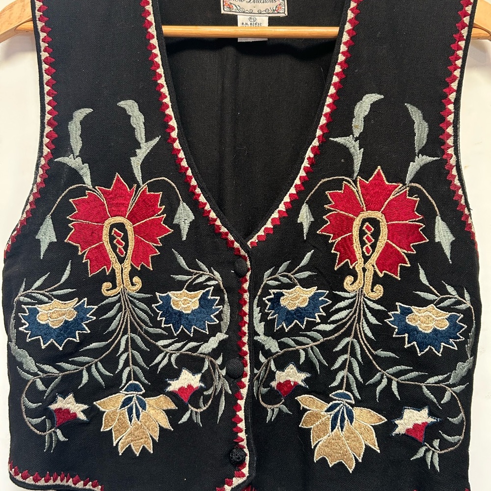 New Directions Black Vest with Colorful Embroidery